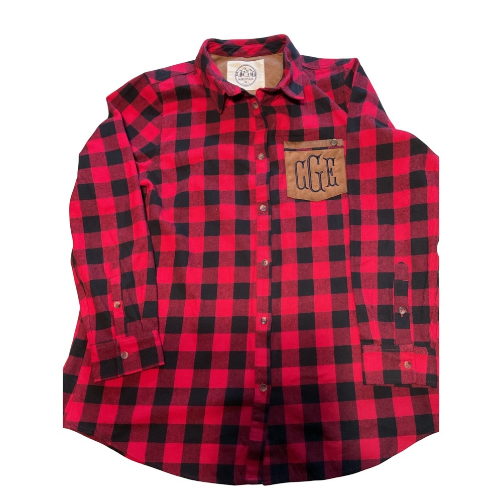 MarleyLilly Red Black Buffalo Plaid Flannel‎ Shirt Monogram GGE Brown Pocket XL